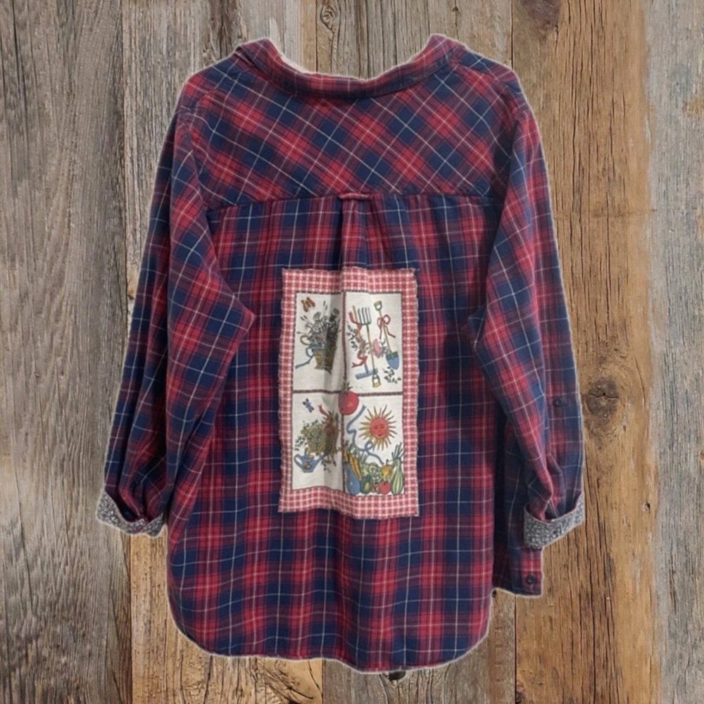 Upcycled “Gardening” cotton flannel with back patch.